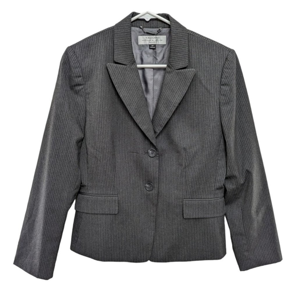 Tahari Arthur S. Levine Grey Pin Striped Blazer Jacket Single Breasted Size 8P